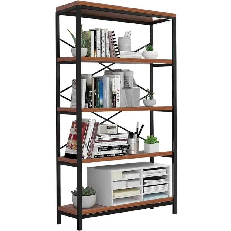 

ndustrial Bookshelf 5-Tier, Bookcase 58" H Ladder Shelf, Storage Shelves Rack Shelf Unit, Accent Furniture Metal Frame, Hom