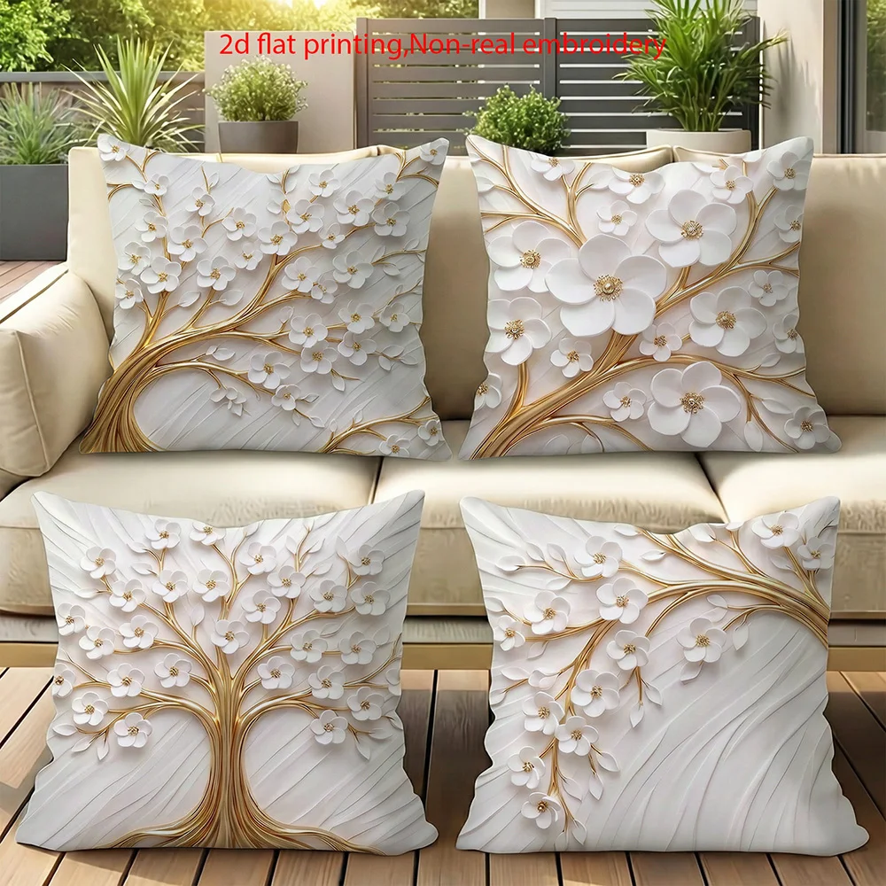 1/4pcs 2D Flat- Luxury 3D Gold White Flower Tree of Life Throw Pillow Cover Home farmhouse outdoor decoration cushion cover