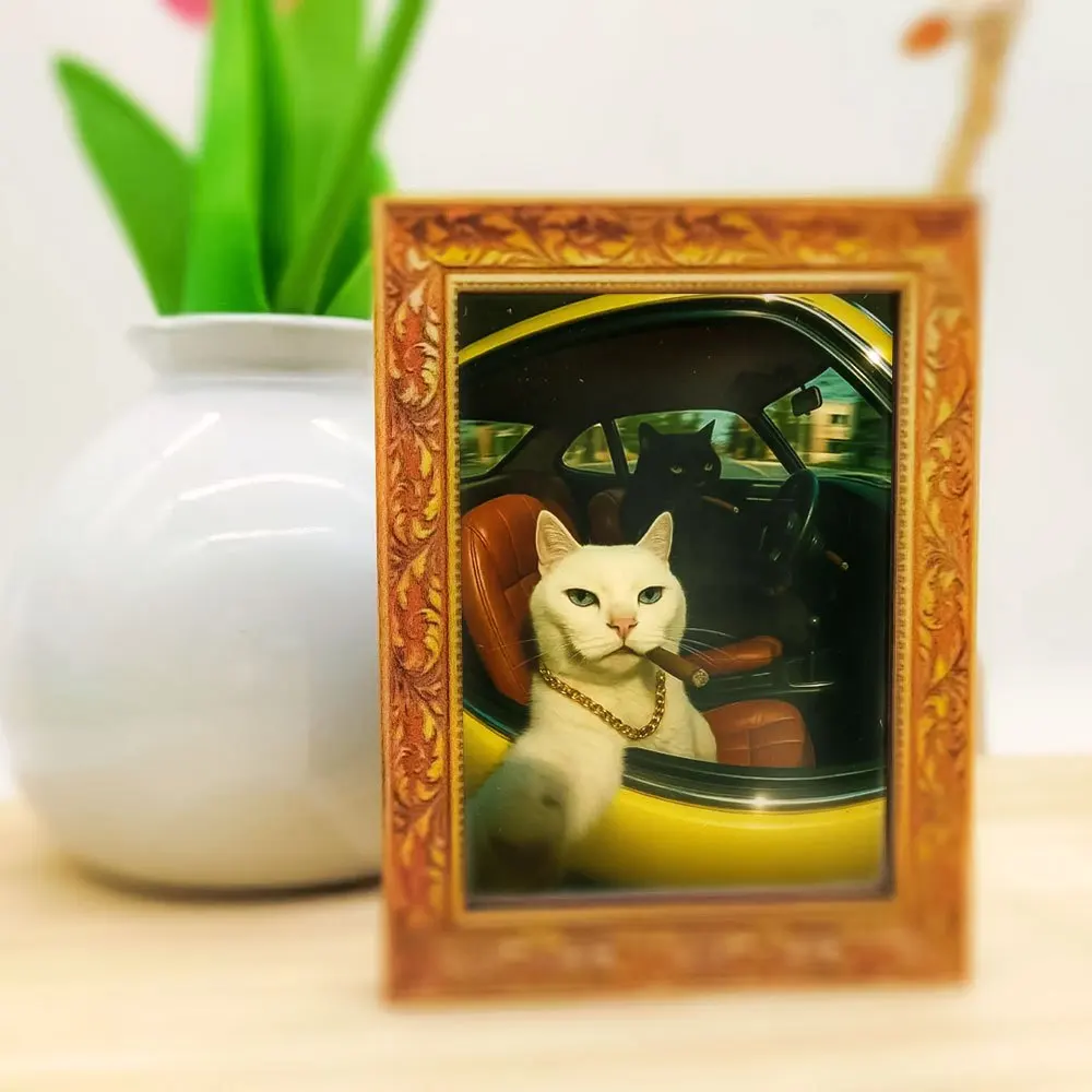 Funny Gangster Cats Driving Car Wooden Fridge Magnet, Retro Framed Art Sticker for Refrigerator, Unique Kitchen Decor & Cat Fans