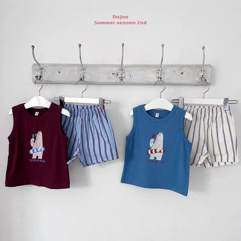 New Cartoon Baby's Sets Vest Striped Shorts Set Korean Children's Clothing 2026 Summer Boys and Girls Set Two-piece Set