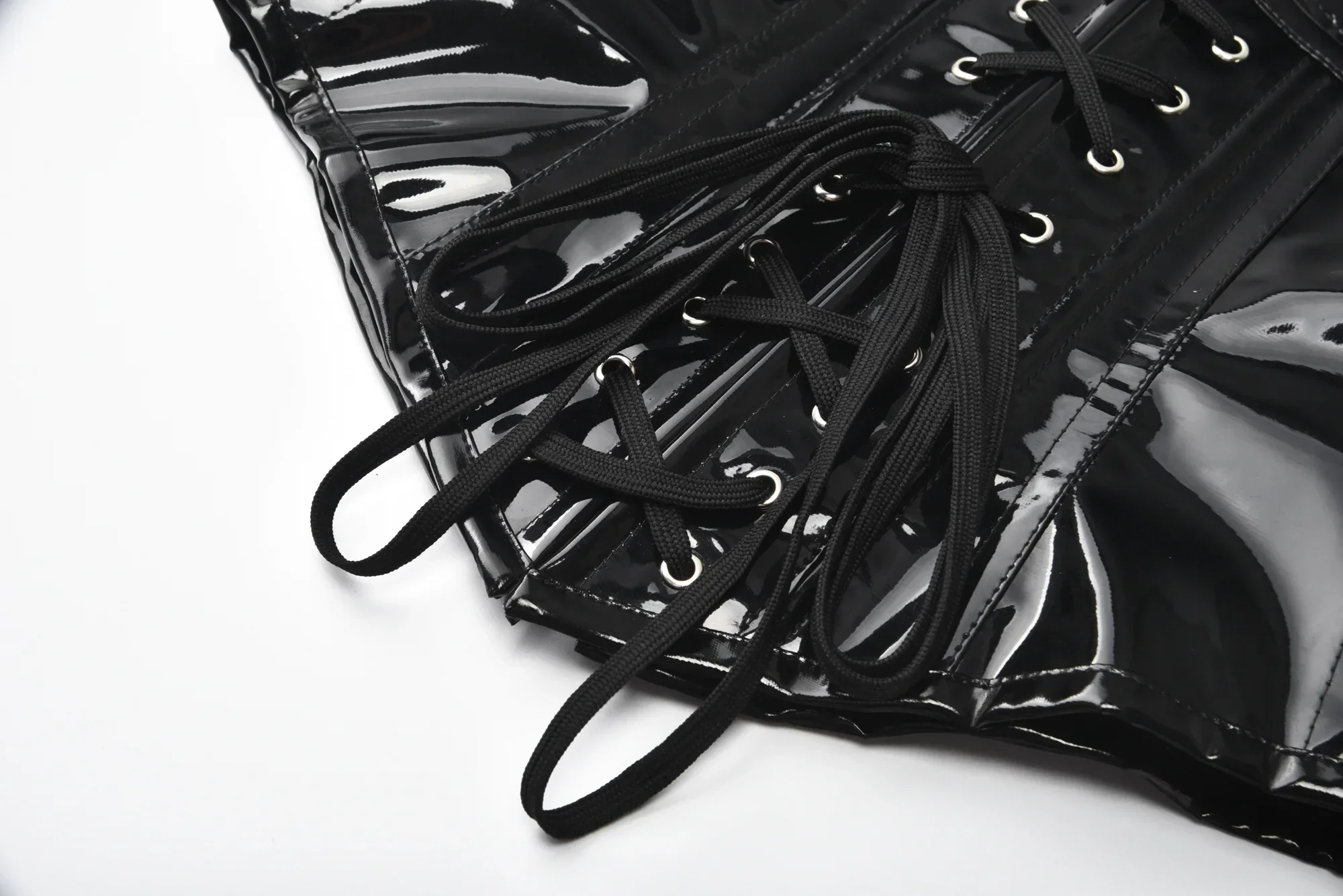 لامعة الأسود PVC مشد أعلى نظرة الرطب بولي Leather الجلود بوستير Steampunk Underbust المشدية التخسيس مدرب خصر بذلة مفصلة لشكل الجسم