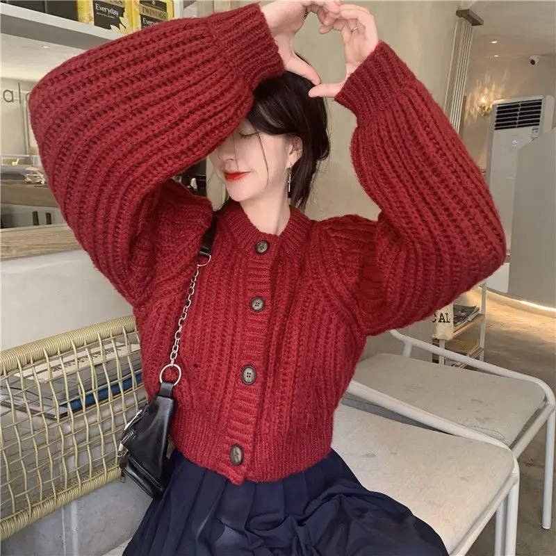 Cropped Sweaters Cardigan Women Chic O-neck Hotsweet Teens Streetwear Lantern Sleeve Pure Harajuku Кардиган Knitwear Baggy Kpop