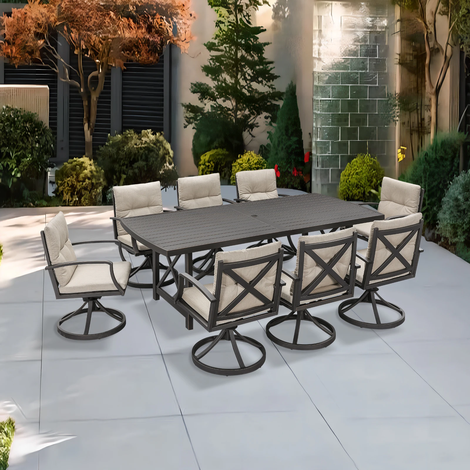 

8-Seater Spacious Aluminum Dining Set for Outdoor Patio Lightweight Swivel Chairs Umbrella Hole Vintage Black Finish for Hotels