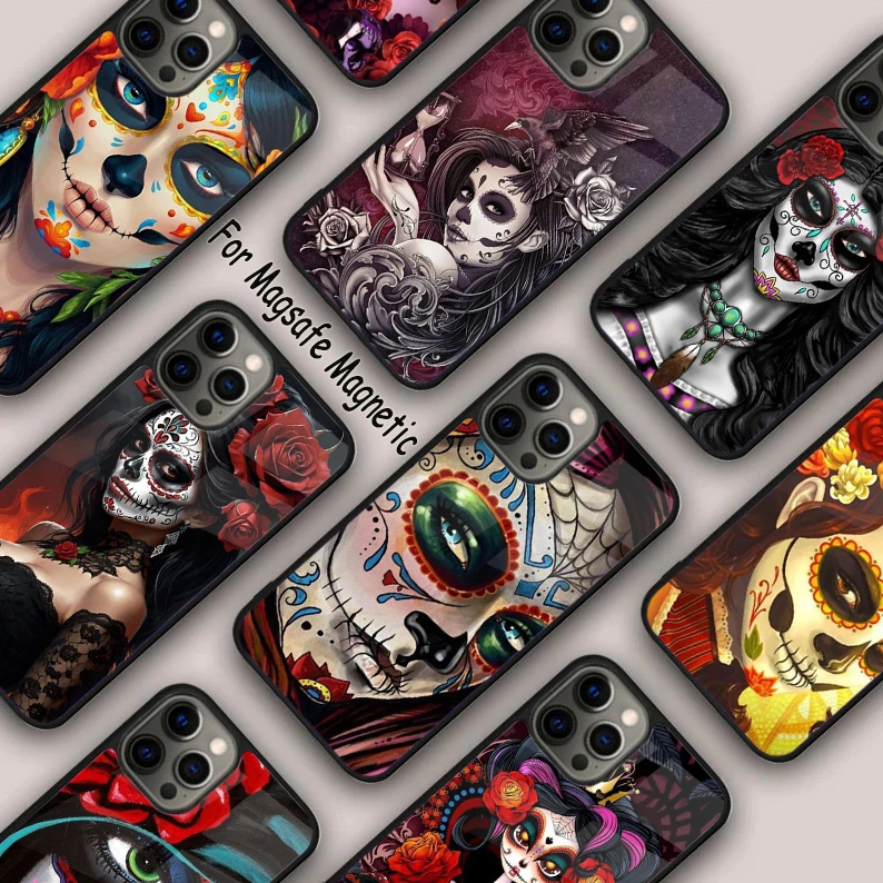 Mexican Catrina Skull Magnetic Phone Case For APPLE iPhone 16 14 13 12 11 Pro Max 15 Plus Wireless Charge With MagSafe Cover