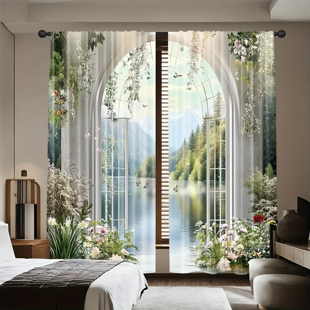 2 Panels 3D Printed Polyester Curtains Arch Window Lake View Blackout Drapes for Living Room Bedroom Home Decor