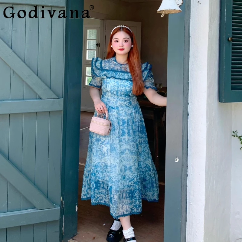 

Large Size French Retro Sweet Print Crew Neck Dress 2025 New A-line High Waist Chiffon Short Sleeve Temperament Long Dresses