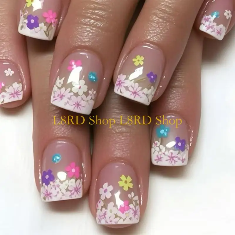 

L8RD 24 Pcs Flowers Press On Full Cover on Square False