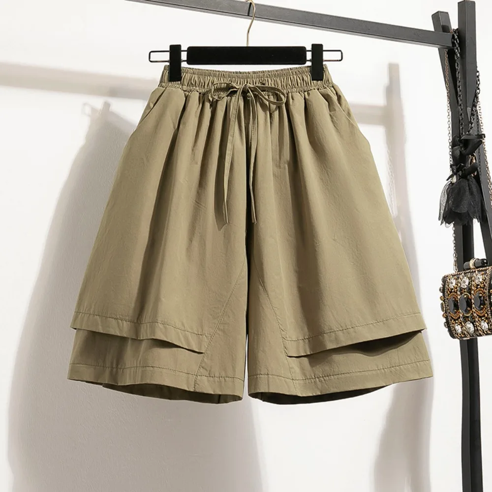 Summer Popular Simple Fashion Large Size Retro Casual Shorts Women Elastic High Waist Drawstring Lace Thin Wide Leg Short Pants