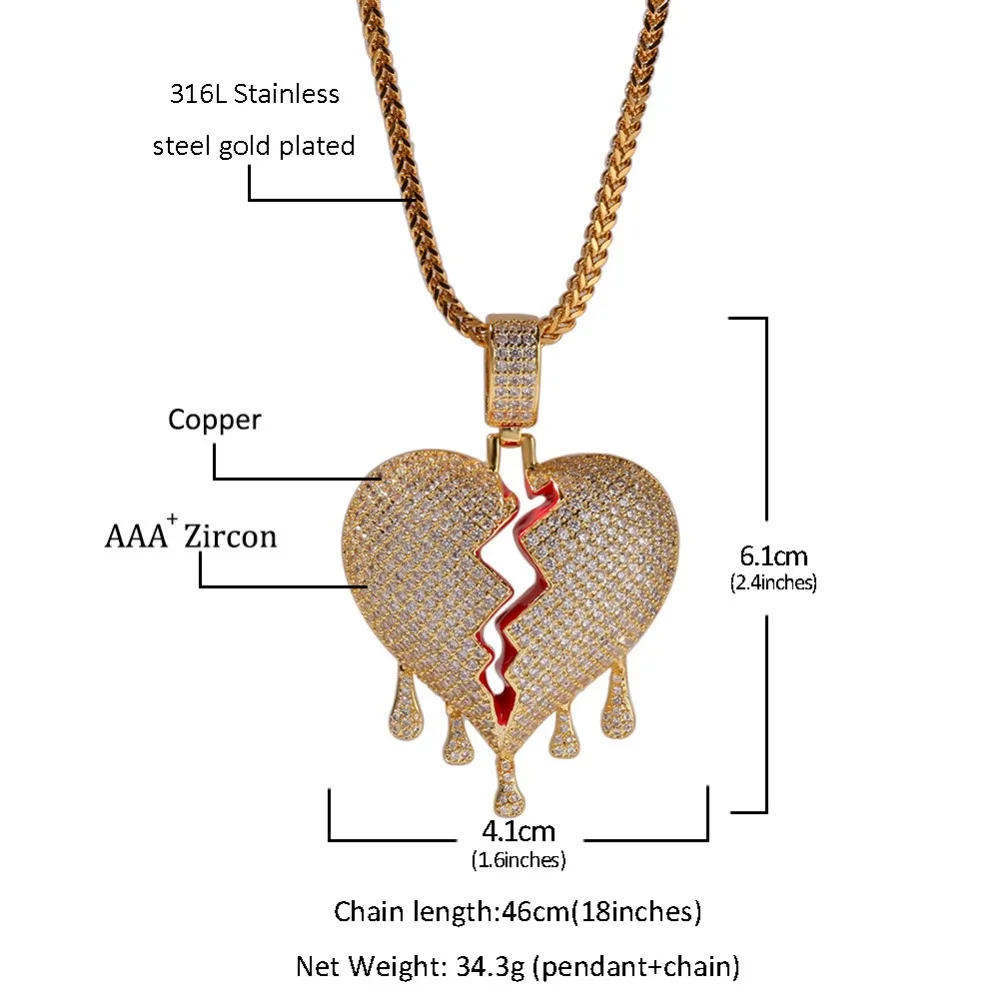 Hip Hop AAA CZ Cubic Zirconia Bling Iced Out Broken Water Drop Heart Pendants Necklace for Men Rapper Jewelry Gold Color