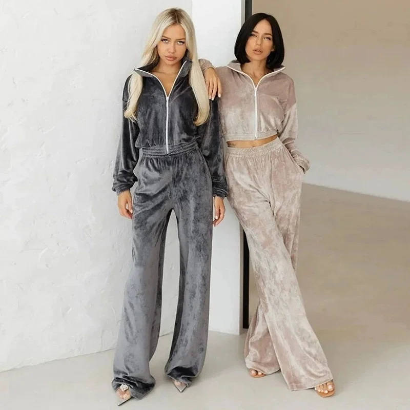 2025 Two-piece Velour Suit Women's Casual Sports Sets Zipper-up Short Jacket Top Straight Trousers Golden Velvet 2-piece Sets