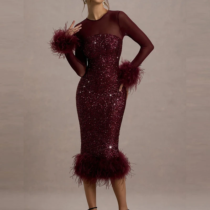 Casual O Neck Mesh Long Sleeve Party Dress 2024 Feather Patchwork Slim A-line Dress Elegant Sequin Backless Wrap Hip Women Dress