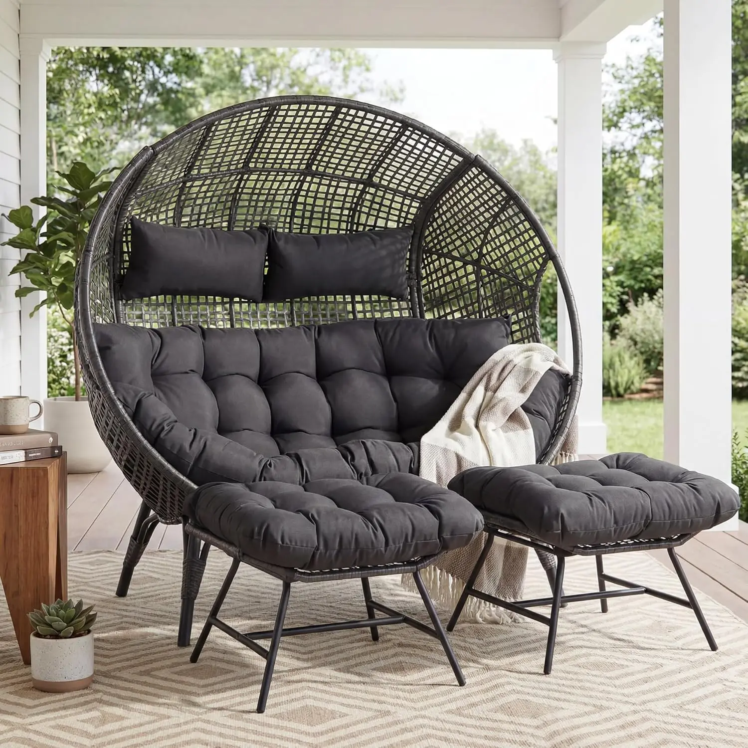 

Double Egg Chair with Ottoman Indoor Outdoor 680lbs, 2 Person Grey Wicker Oversized Stationary Egg Chair