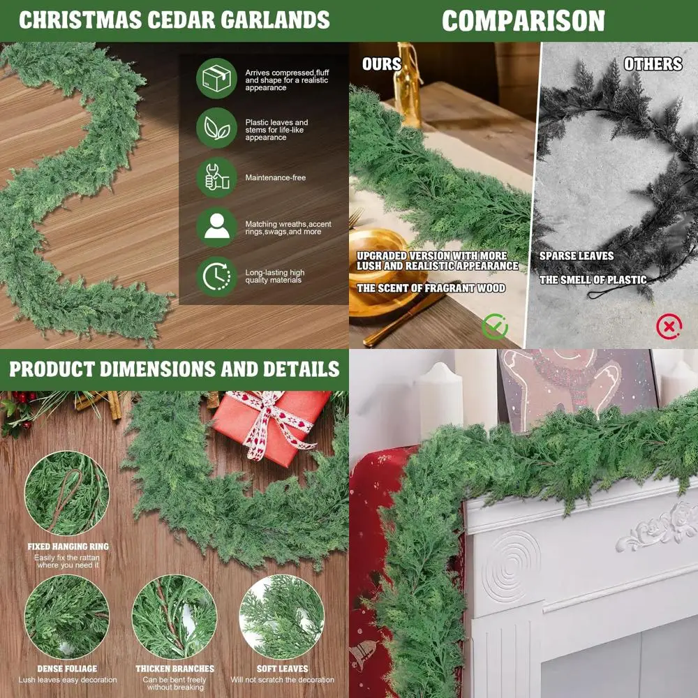 

Pair of 9FT Premium Christmas Garlands: Lifelike Norfolk Pine & Cedar for Staircases, Mantels, and Fireplaces - Ideal Indoor-Out