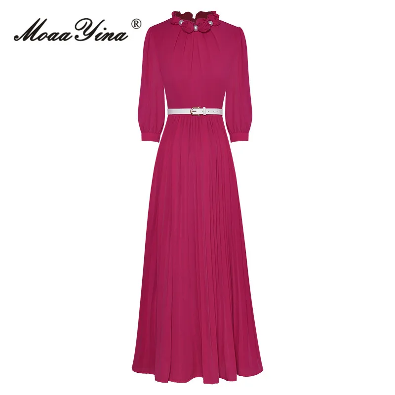 

MoaaYina Summer Fashion Runway Vintage Rose Red Dress Women O-neck Three Quarter Sleeve Appliques Pearl Sashes Ruched Long Dress