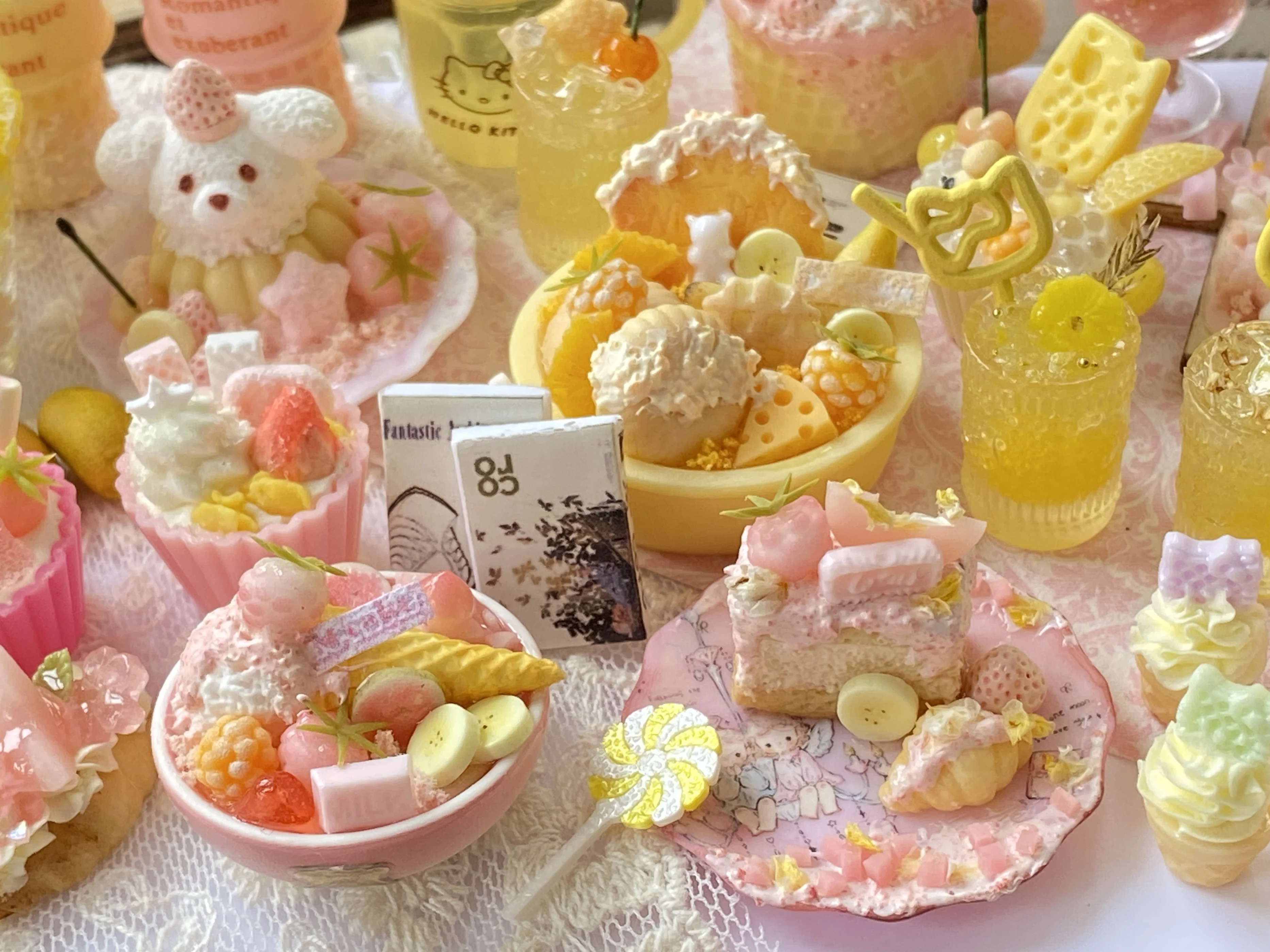 Custom Clay Miniature Food Set - Handmade Ice Cream Bowl, Bear Dessert Table & Fruit Cakes for Dollhouse Sweet Shop Collection