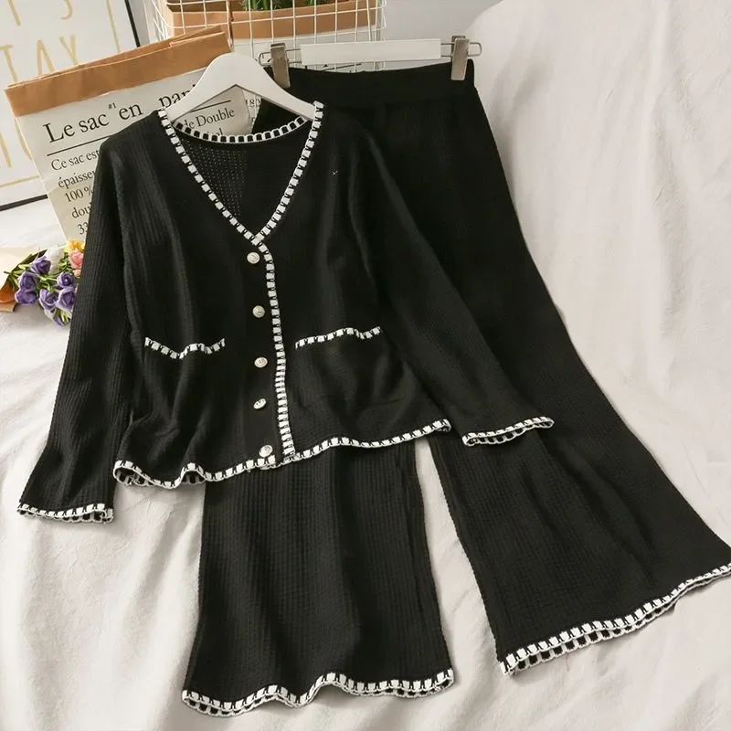 

Модный женский костюм, новый однорядный вязаный топ с v-образным вырезом и длинными рукавами, широкие брюки с эластичной резинкой на талии