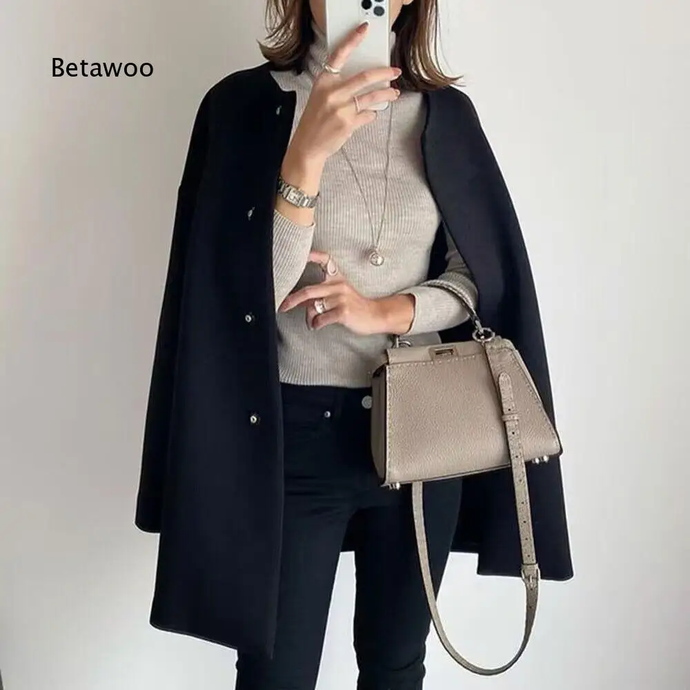 Womens Long Sleeve Round Neck Loose Mid Length Coat Solid Color Single Breasted Outerwear For Simple Daily And Office Outfits