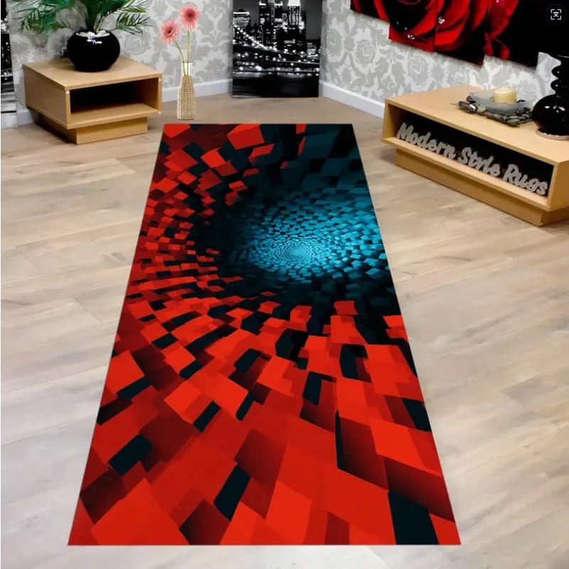 3D Visual Illusion Spiral Geometric Runner Rug Hole Swirl Technological Sense Carpet Living Room Hallway Home Decor Non-Slip Mat