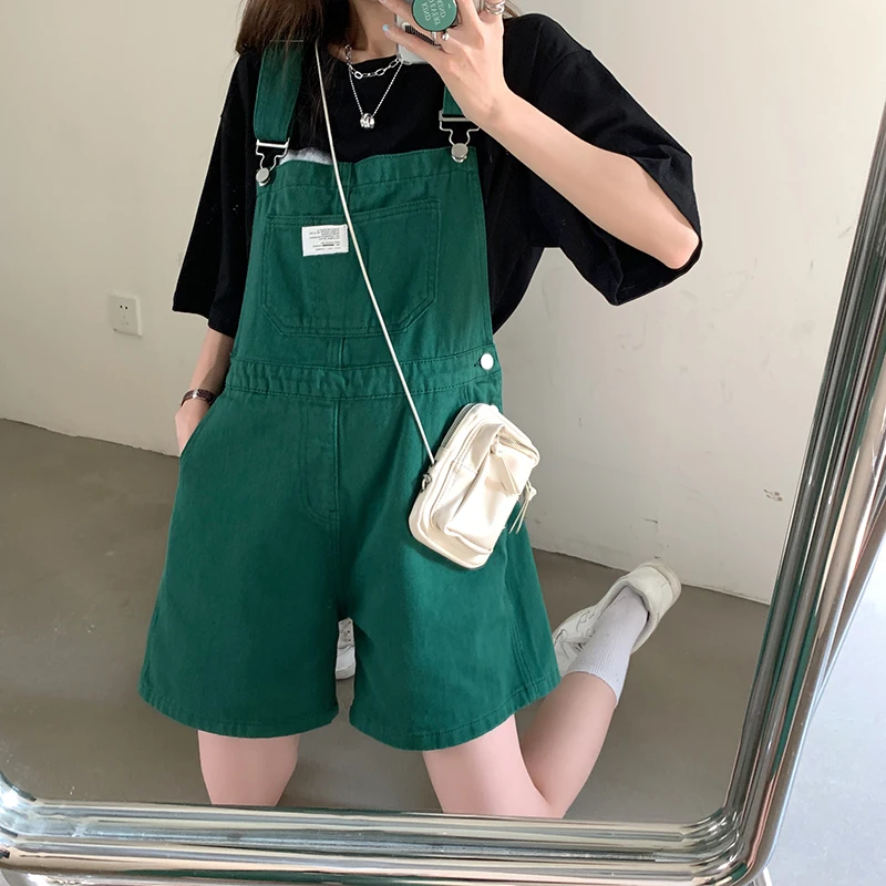 SML Summer korean preppy style Jumpsuit Denim Overalls Casual Girls Green Straight Jeans Shorts womens (78687)