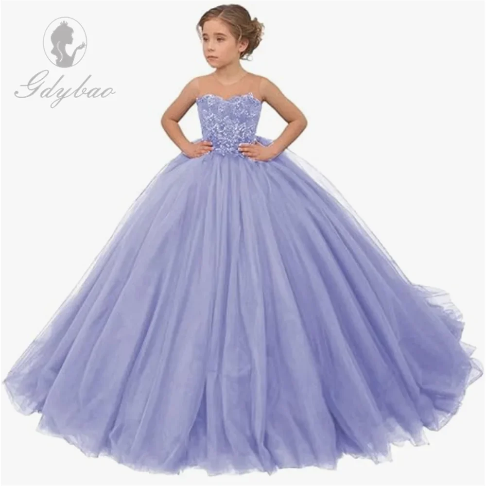 

Tulle Flower Girl Dress for Wedding Lace Applique Princess Sleeveless Pageant Dresses Long Party Ball Gown