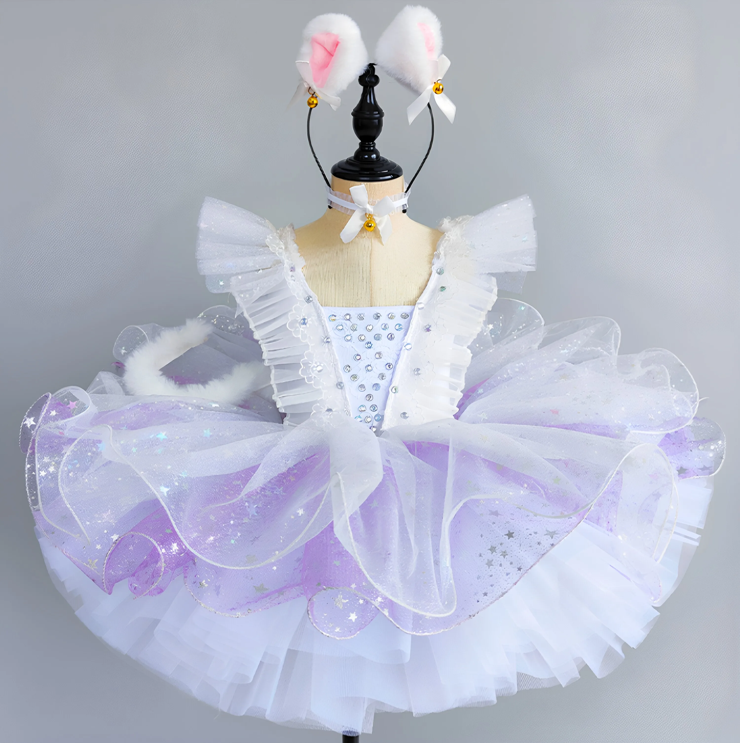 Kids Cat Ballet Costume Sparkly Star Tulle Tutu Dress Ruffle Off Shoulder Dance Dress Animal Cosplay Outfit Stage Performance