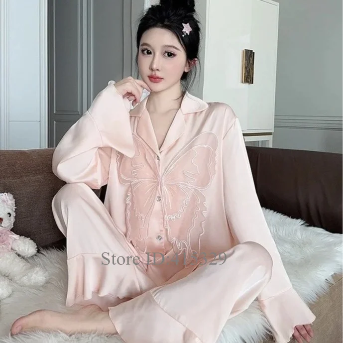 Long Sleeve Pajamas Set Satin Homewear Lady 2Pcs Top&pants Butterfly Luxury Nightwear Women\'s Pyjamas Casual Trousers Suit