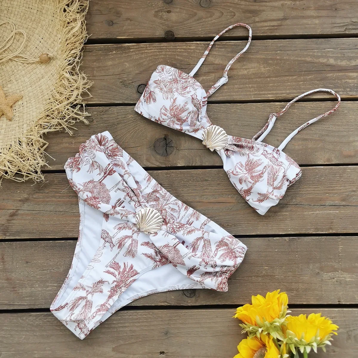 2025 Trend Shell High Waist Bikini With Beach Cover Ups Women 3Pcs Swimsuits Fashion Long Sleeves Dress Lady Holiday Beach Wear