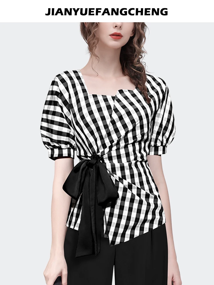 French Style Women' Short Sleeve Square Neck Plaid Shirt Elegant Slim Irregular Lace-up Design Summer Casual Tops And Blouses