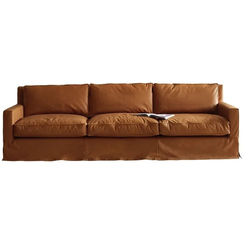 

Minimalist living room small apartment floor-to-ceiling first layer cowhide retro medieval oil wax leather sofa