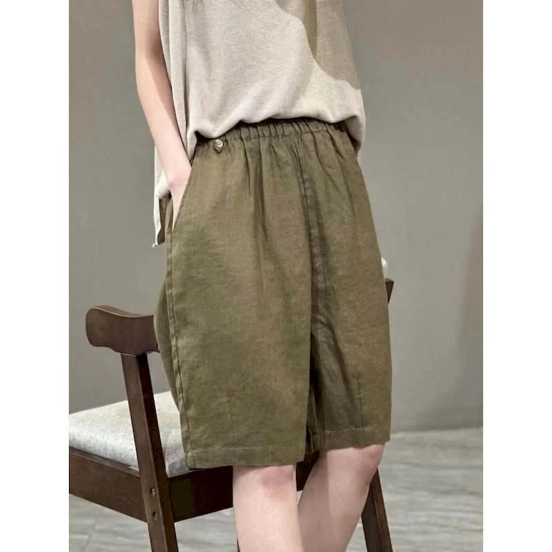 Solid Shorts Women Summer Casual Cotton Linen Straight Short Pants Korean Style Elastic Waist Five-point Trousers Women Clothing