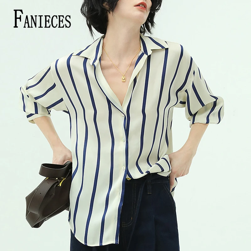 

Womens Chiffon Shirt Striped Blouses All-match Top Spring Summer Long Sleeve Lapel Elegant Office Ladies Shirt chemisier femmes