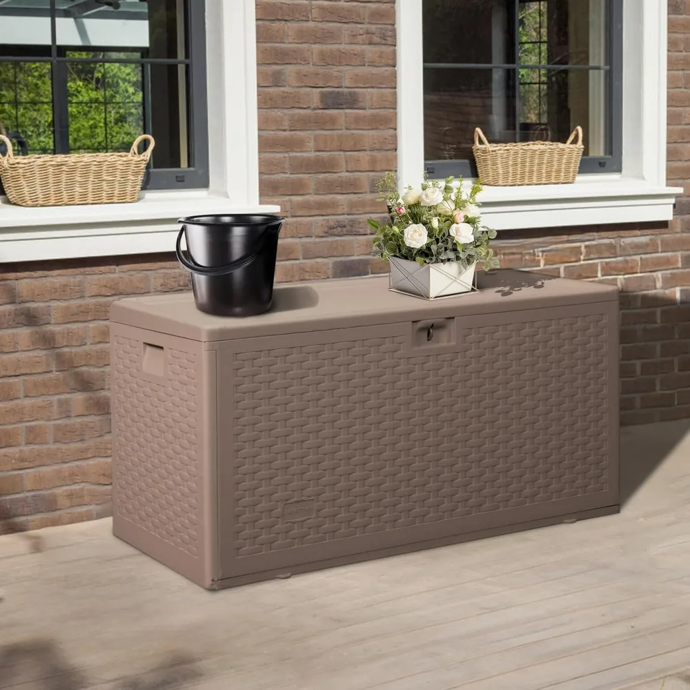 

73 brown blow molded outdoor deck box with lock holes, waterproof, UV resistant, spacious garden equipment space