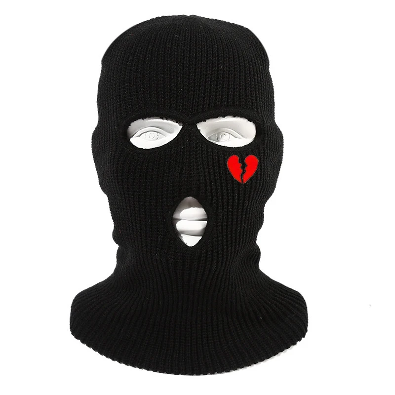 Unisex Winter Knit Hat Full Face Ski Mask Heart Embroidery Hat 3-Hole Hood, Warm Windproof Beanies Outdoor Sports Balaclava Hat