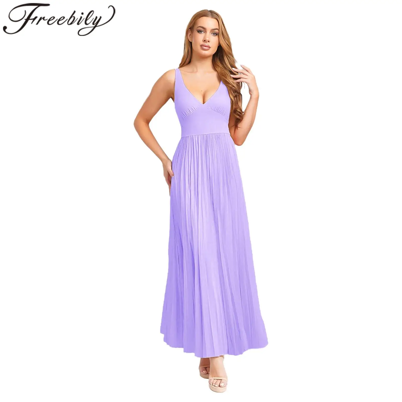 Bridesmaid Dresses Womens Boho Maxi Dress V Neck Evening Gown Lady Pleated A-line Dress for Tropical Vacation Party Vestidos