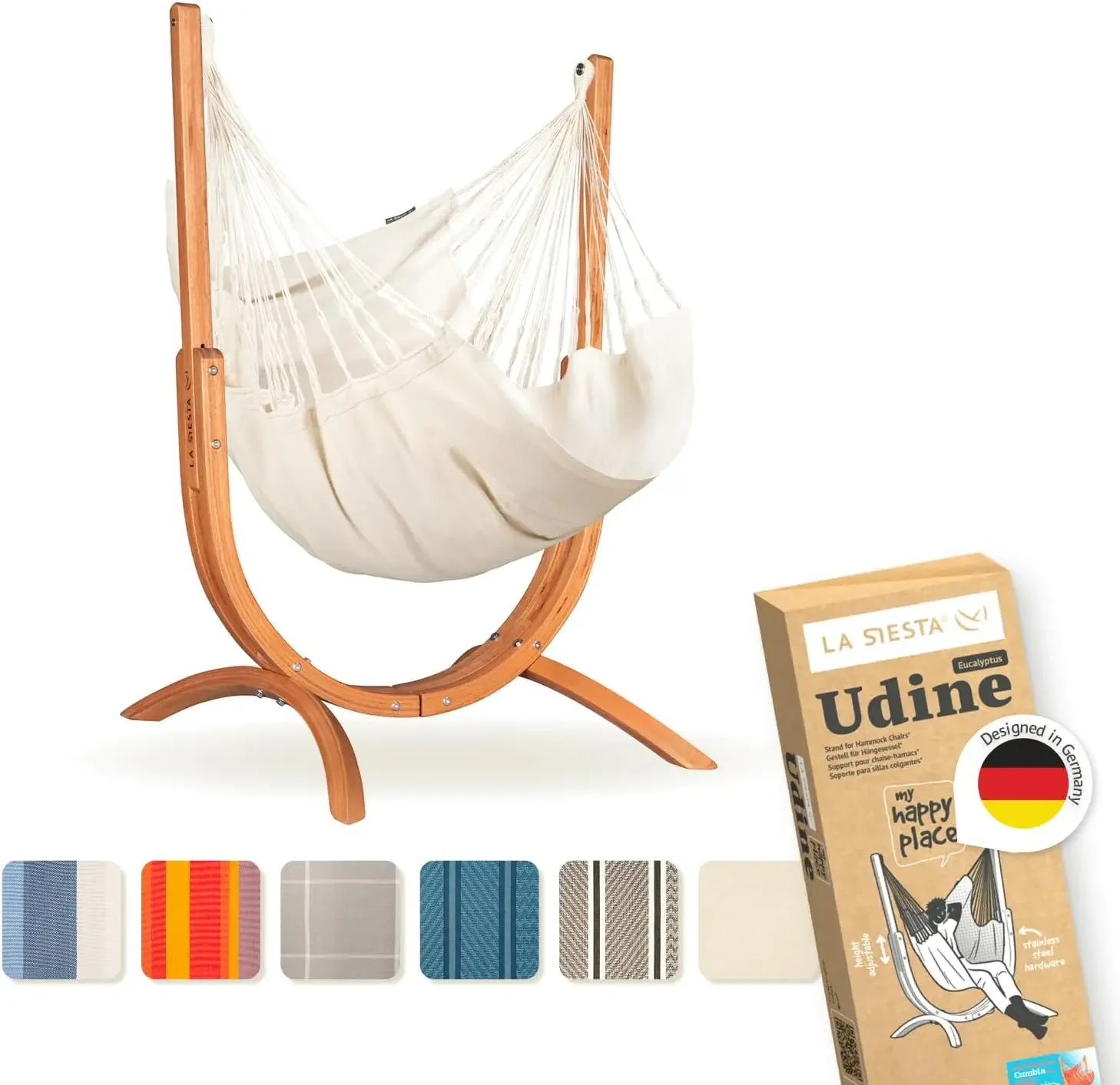 Udine Soft Organic Cotton Hammock Chair with Wooden Stand - Handmade, Tear-Resistant Hammock Chair - FSC Certified