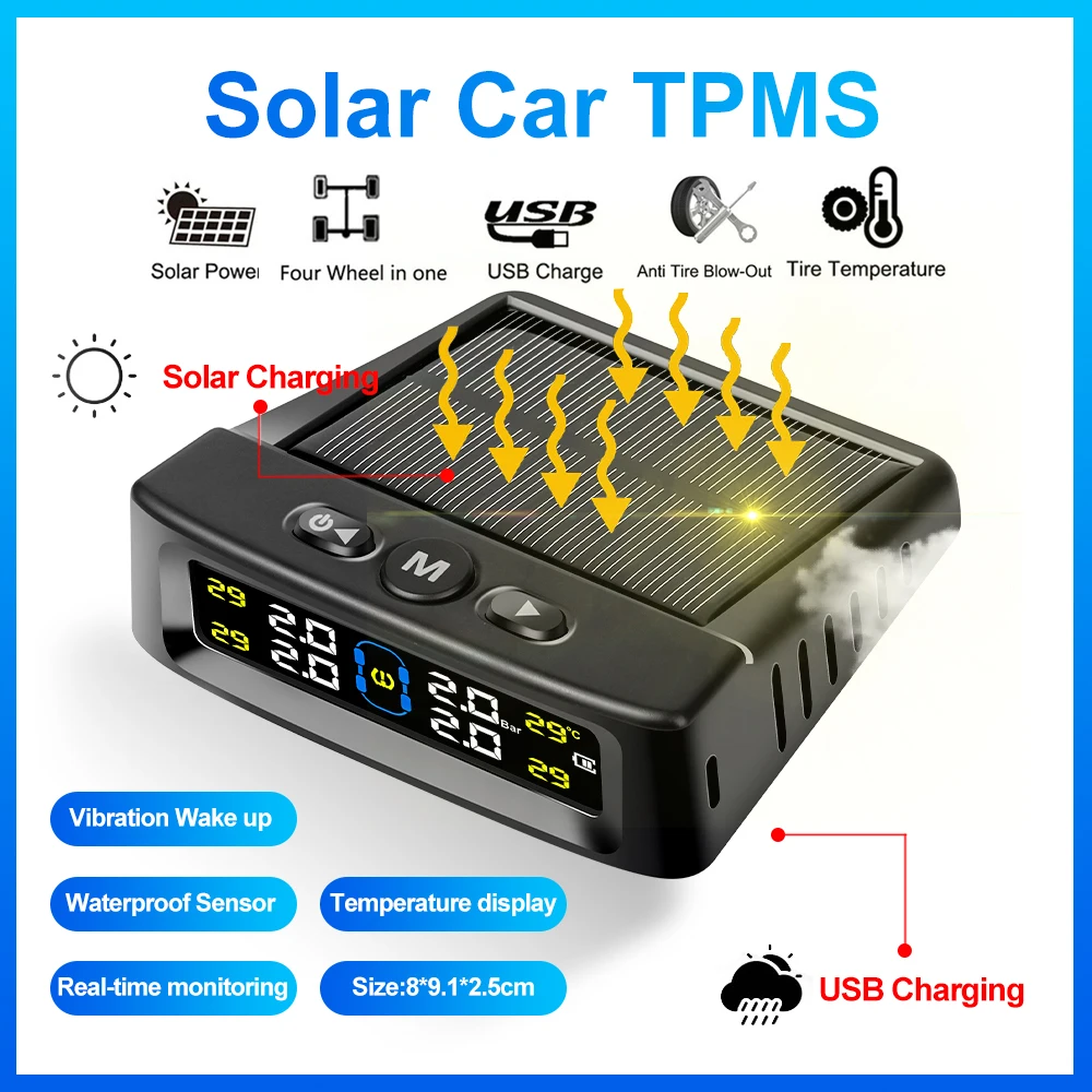

Солнечная система контроля давления в шинах (TPMS) с 4 внешними датчиками, цифровым цветным дисплеем, водонепроницаемая, с предупреждением о давлении и температуре шин
