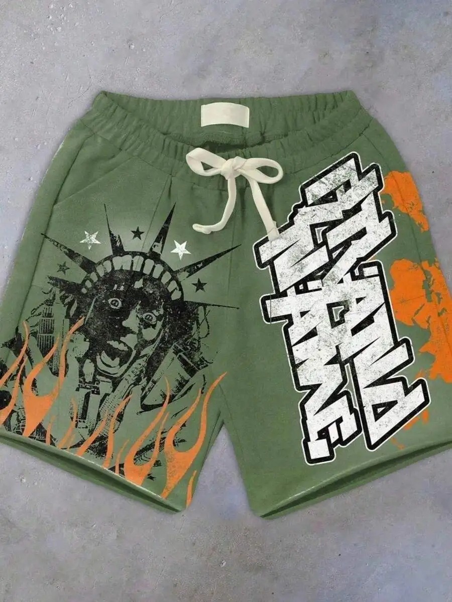 Mens Casual Shorts With Statue Of Liberty Print And Graffiti Design