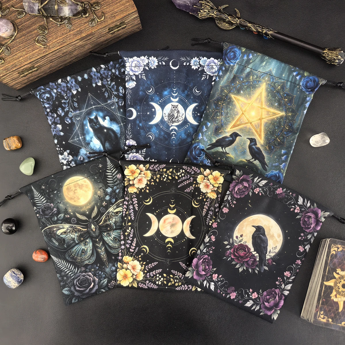 Multifunctional Double-Sided Printed Tarot Oracle Card Bag Triple Moon Drawstring Storage Bag For Gift Bag Jewelry Packaging Bag