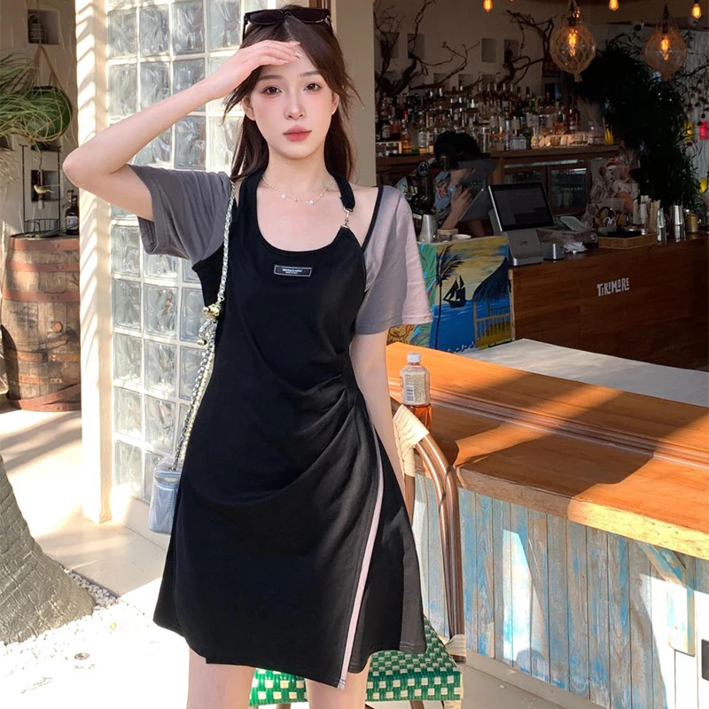 Fashion Clash Color Fake Two-Piece Dress Women Stylish Halter Waist Tight Short Sleeve Vestidos New Basic Versatile A-Line Dress