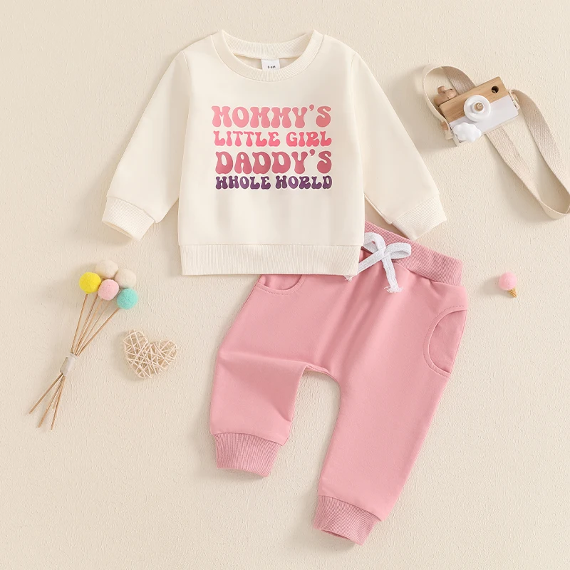 Toddler Girl Fall Outfits Letter Print Long Sleeve Crew Neck Tops with Solid Color Long Pants 2Pcs Set