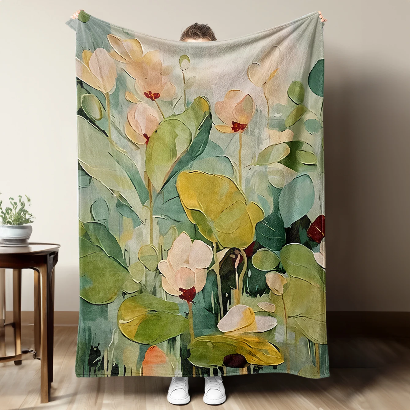 Water lily-themed oil painting Flannel printed blanket suitable for all seasons suitable for living room office sofa and travel