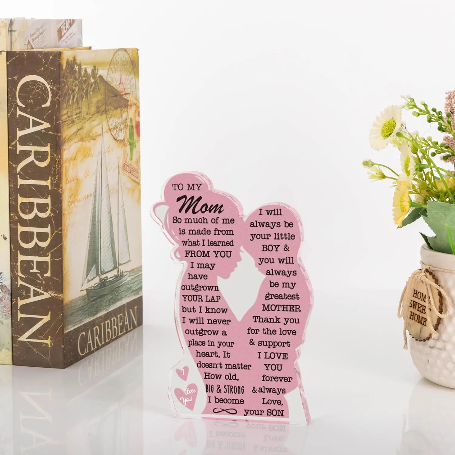 Mom Gifts from Son Gift for Mom, Heartfelt Mom Gift from Son - Pink Acrylic Desk Decor with Love Quote, Perfect for Mother's Day
