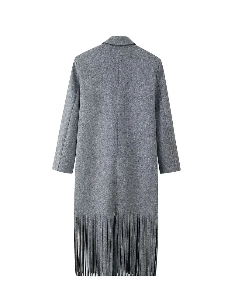 NLZGMSJ Casual Vintage Chic Solide Frauen Quaste Dekoration Mantel V-ausschnitt Übergroßen Lange Jacken 2025, Herbst Winter Dicke Mäntel