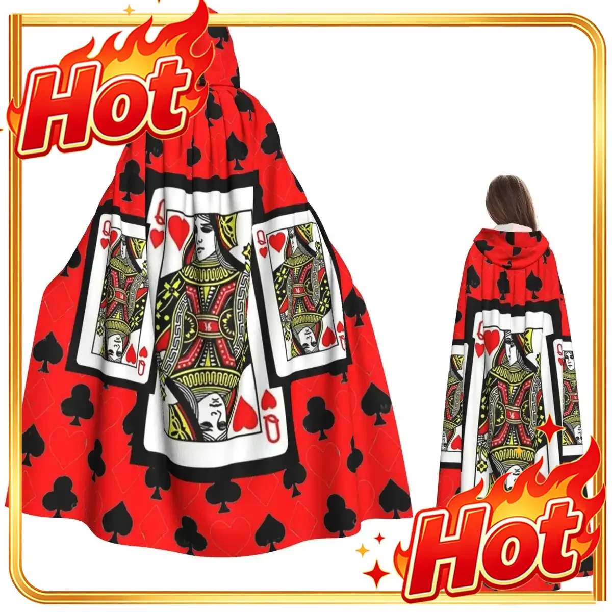 Casino Nights Red Q-Queen-S Of Hearts Long Hooded Cloak Witch Medieval Costume Cosplay Cape HalloweenCoat Adult Unisex