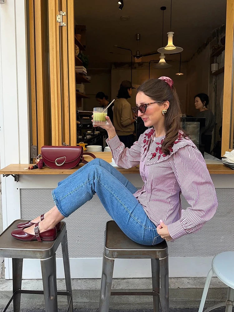 Besticktes Karohemd mit Taillenschnürung für Damen, Elegante Bluse mit Revers, Langen Ärmeln und Einreihiger Knopfleiste, Schlanke Passform, Neue Bürodamen-Partykleidung – Detail 7