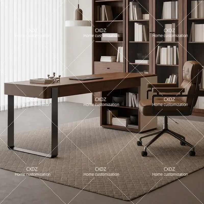 Minimalist Solid Wood Desk High End Saddle Leather Walnut Writing Computer Table for Home Study Office Furniture