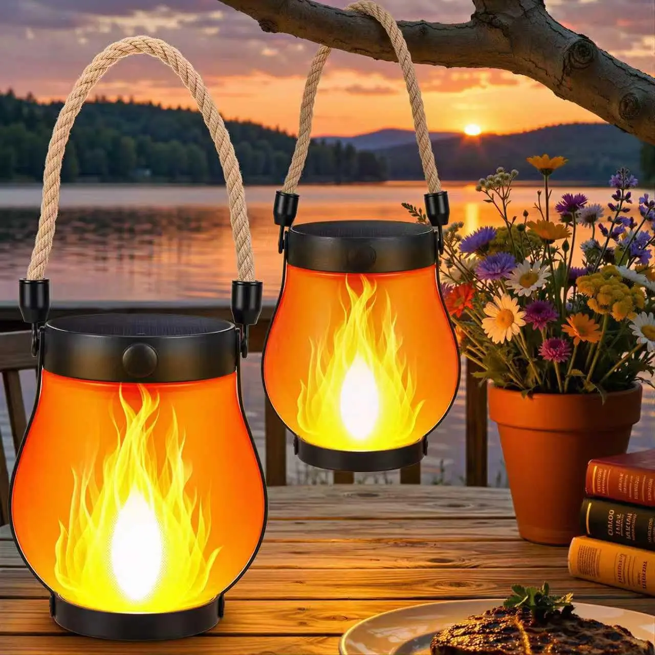 Solar Lantern Outdoor Waterproof Flickering Flame Decorative Hanging Garden Light Retro Landscape Path Lamp for Patio Yard Gift