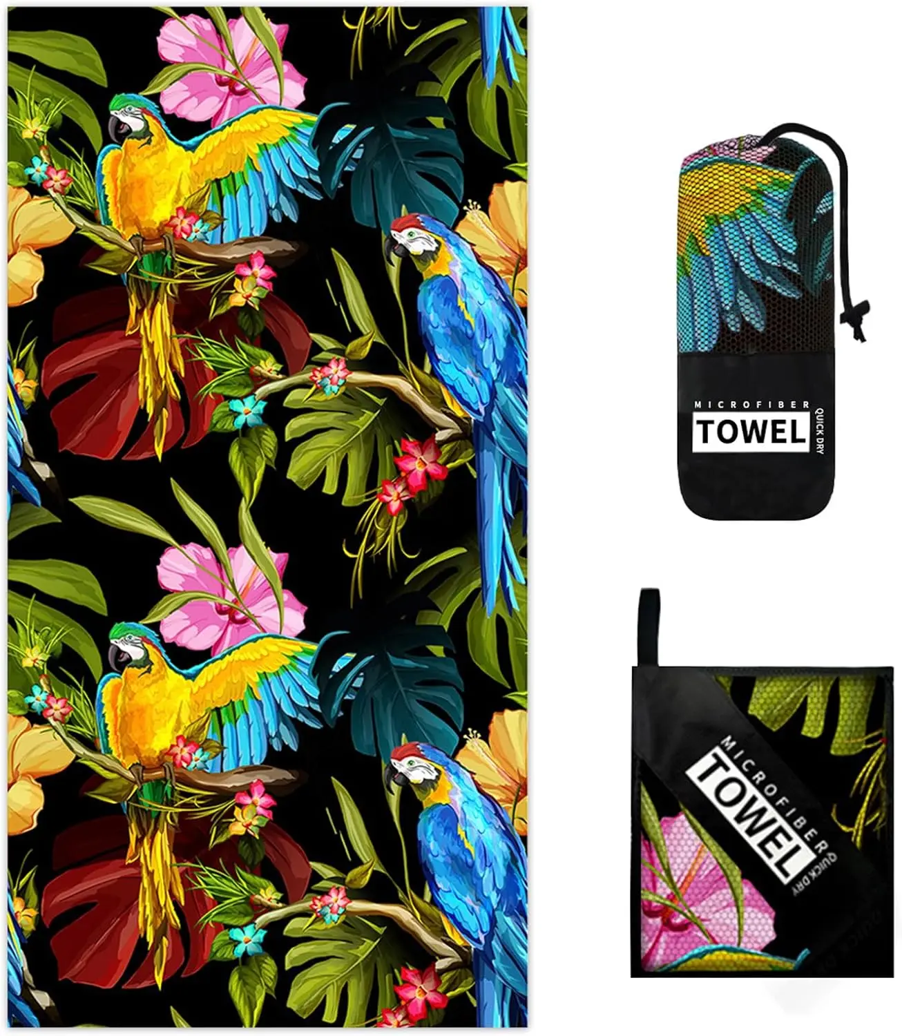 Tropical Parrot Print Beach Towel Luxury Hawaiian Paradise Floral Macaw Jungle Spa Resort Bath Towel for Women Men