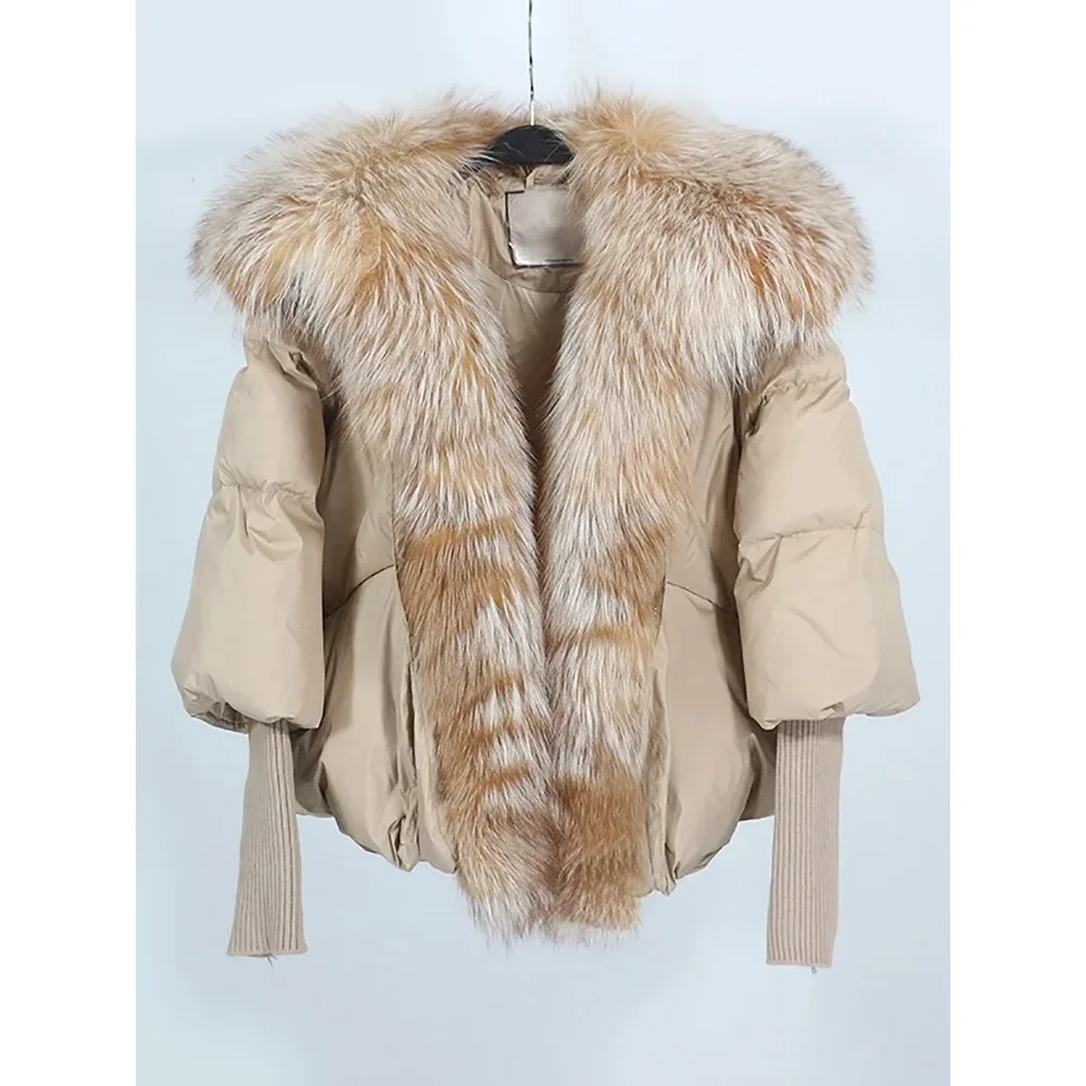 Cappotto allentato con collo in vera pelliccia di volpe naturale, spesso, nuova moda europea, piumino d\'anatra bianco, capispalla invernale da donna