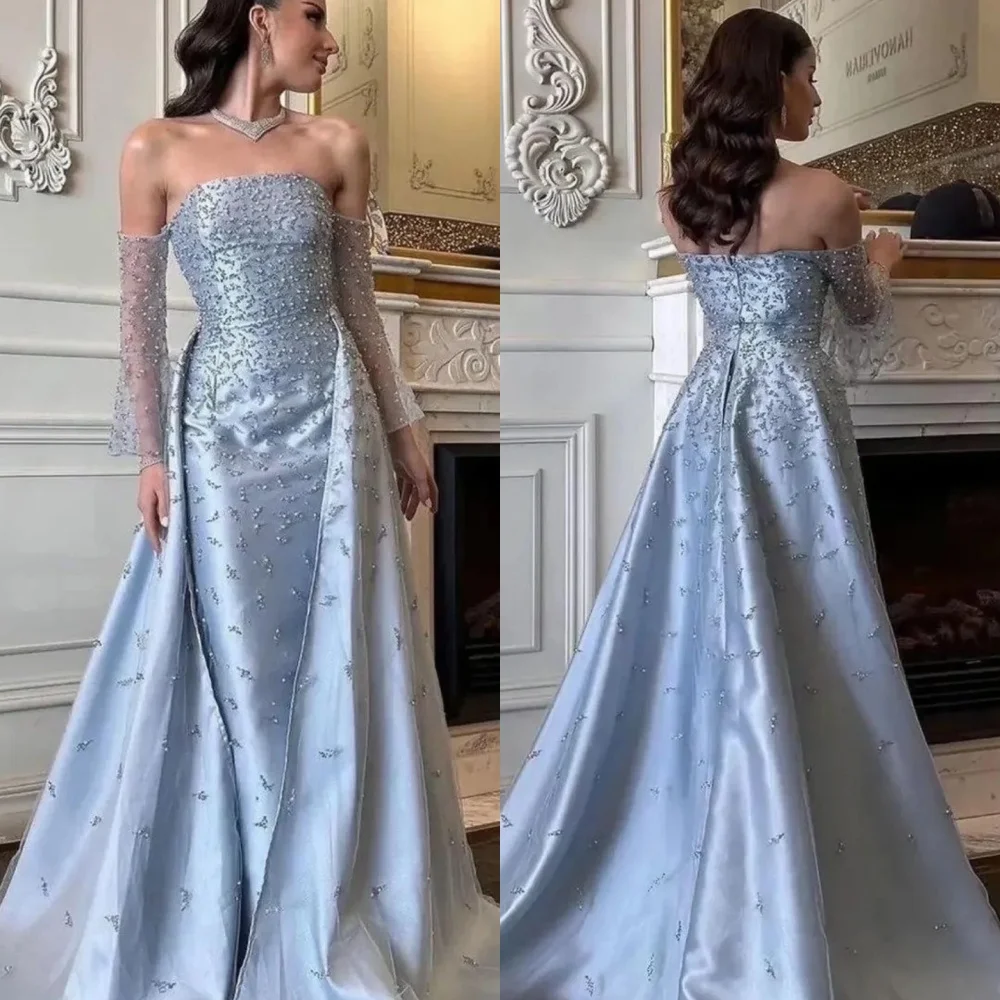 Vestidos largos personalizados a la moda, elegantes, Charmeuse, plisados con lentejuelas, corte en A, hombros descubiertos, ocasión a medida, exquisitos